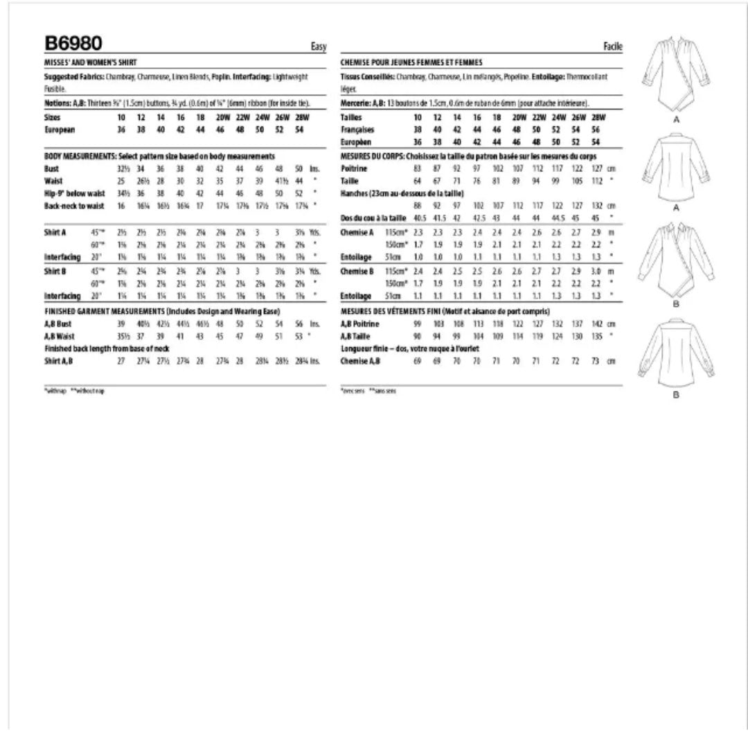 Patron chemise femme, Butterick 6980
