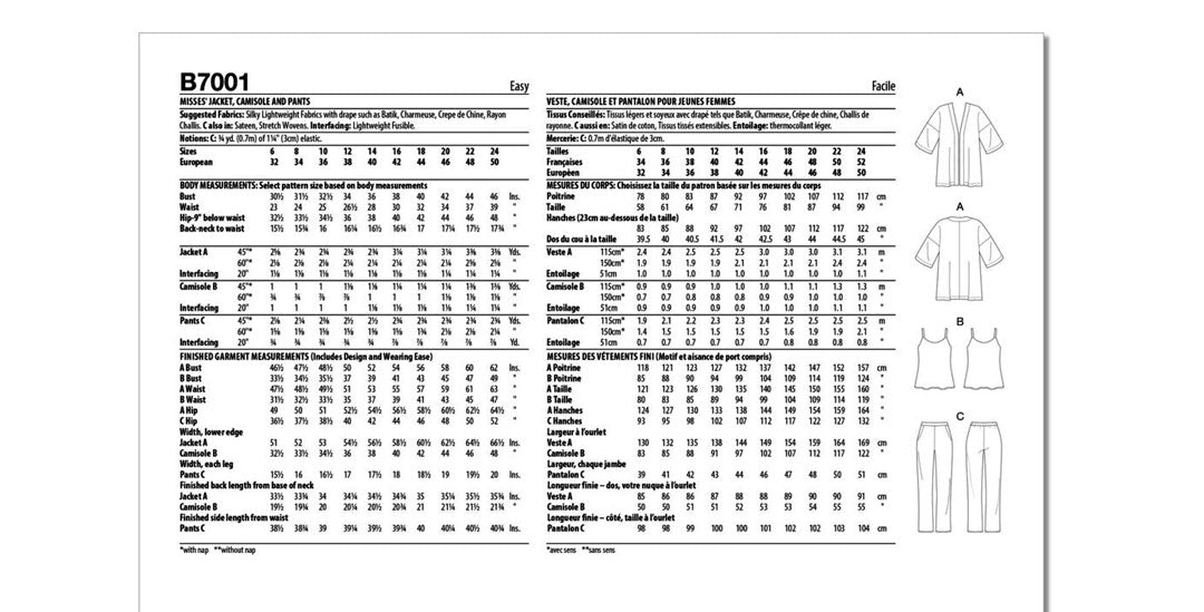 Patron de veste ample et haut Butterick 7001