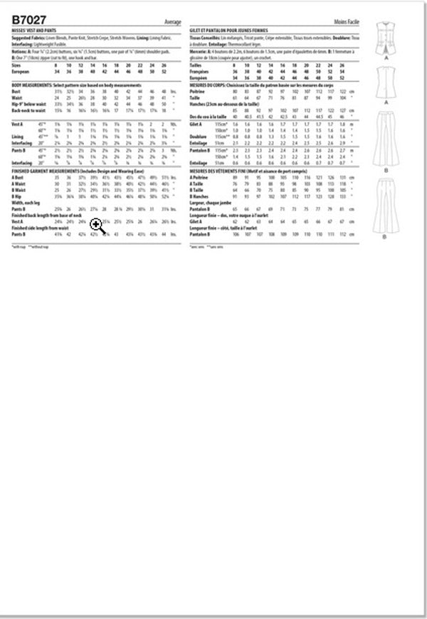 Patron gilet moulant doublé et pantalon, Butterick 7027