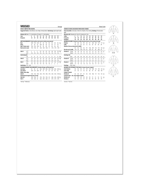 Patron chemise ajustée femme, manches tonneau, McCall's 8580