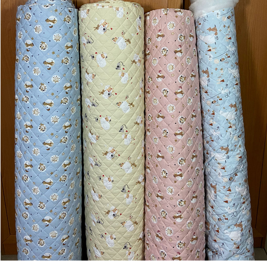 Tissu coton matelassé réversible pour enfants, Hopla/Grege/Celadon, 50cm
