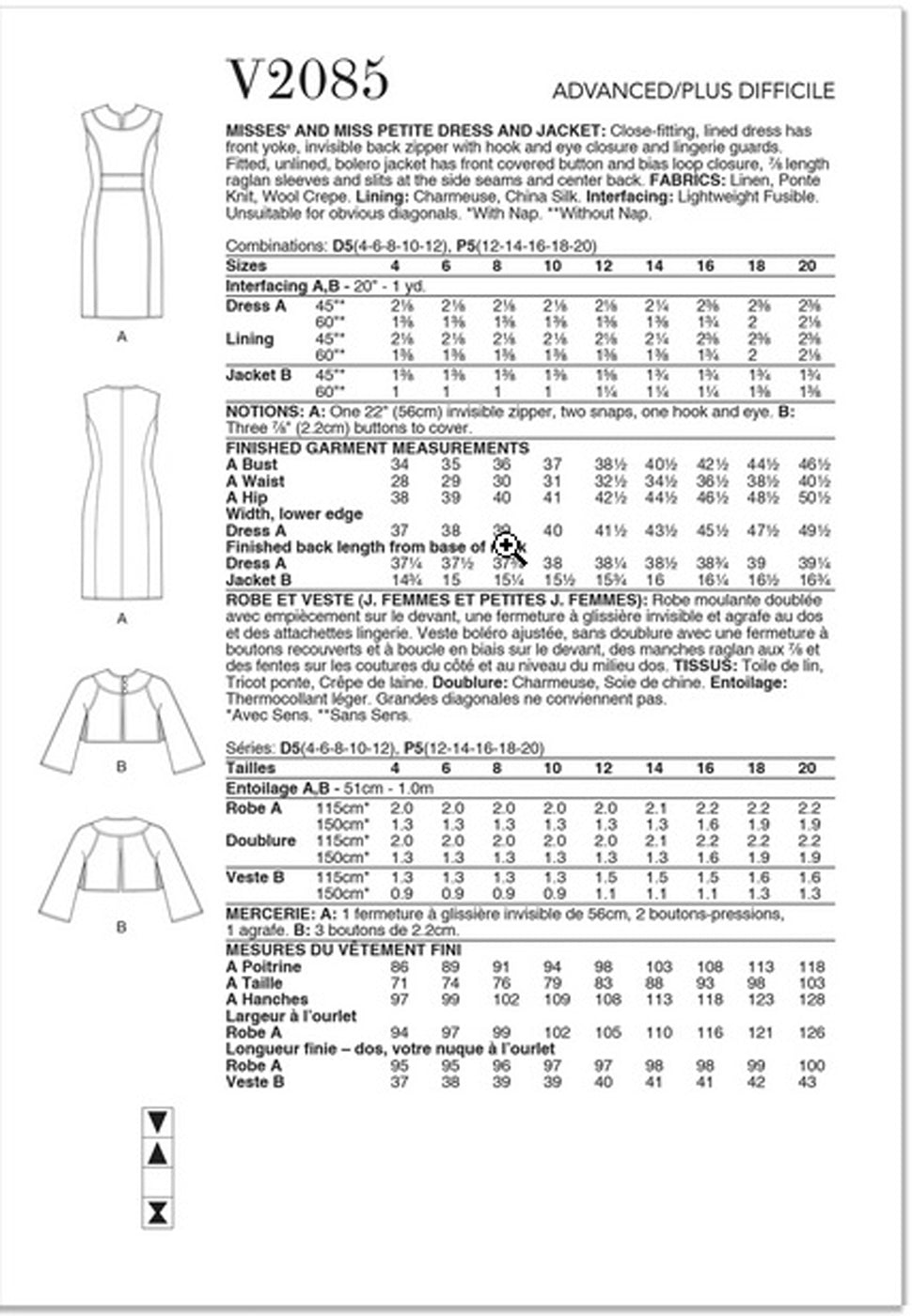 Patron de robe doublée et veste Vogue 2085