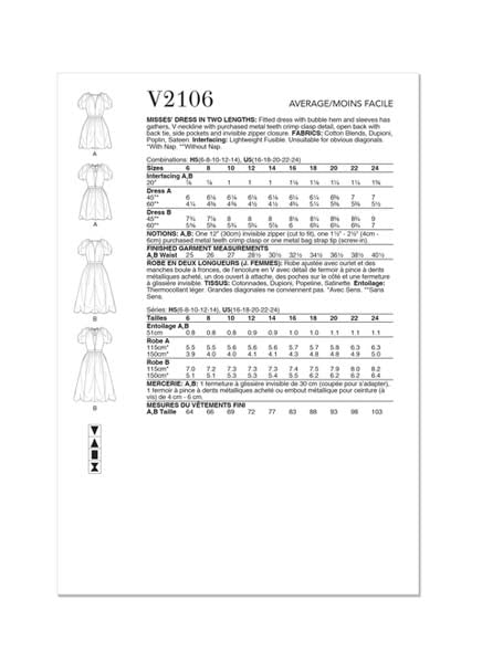 Patron robe ourlet et manches boule, Vogue 2106