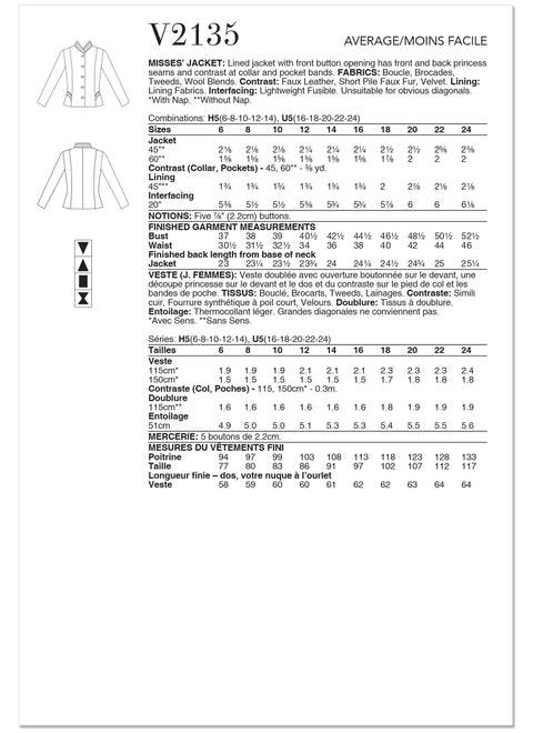 Patron de veste doublée, Vogue 2135, Patron couture femme