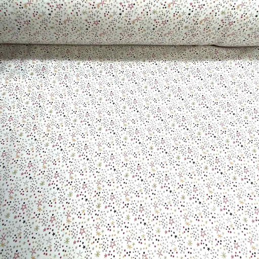 Tissu jersey Simia, motifs petites étoiles et points sur fond blanc rose, souple, tissu Domotex 