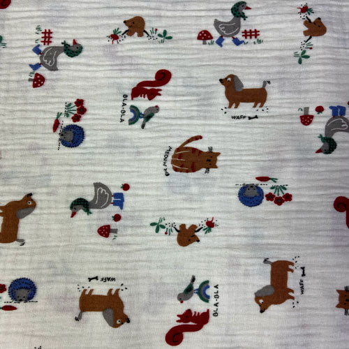 Tissu coton double gaze gaufrée Caket écru/Camel, motifs chiens, chats, écureuils oiseaux,