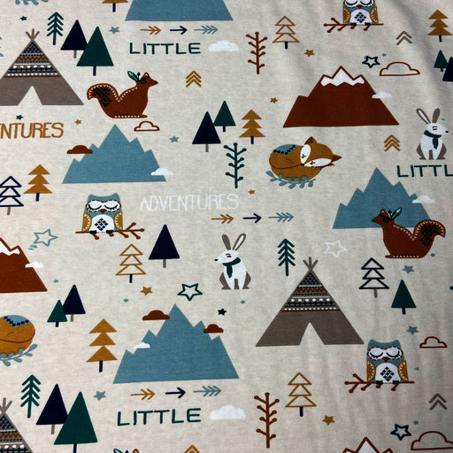 Tissu jersey Tamias Ocre/sapin, arbres, oiseaux, tipi, tissu Domotex, 50cm