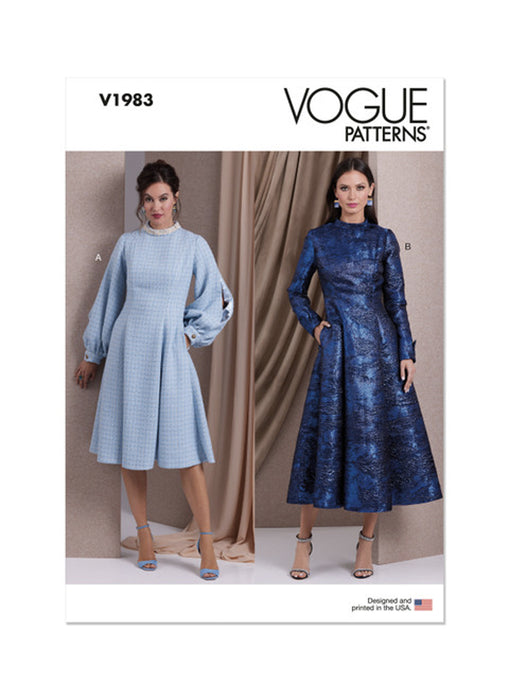 Patron couture femme, patron de robe ajustée et évasée doublée, Vogue 1983