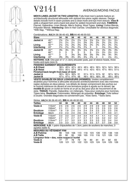 Patron couture homme, patron veste homme Vogue 2141