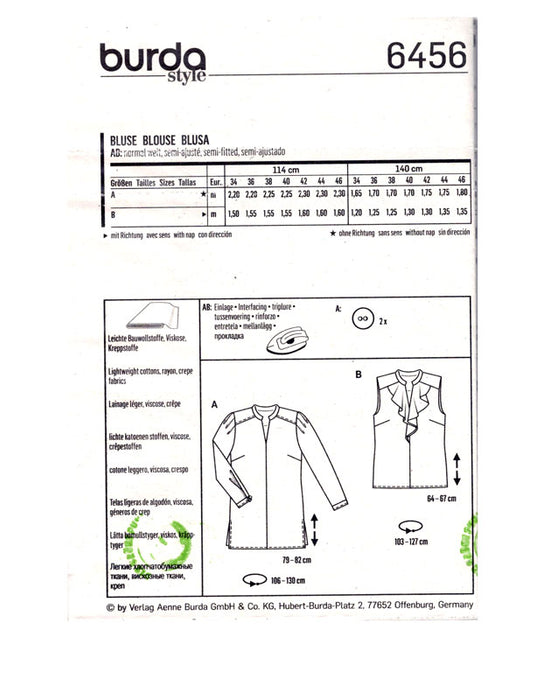 Patron couture blouse Burda 6456