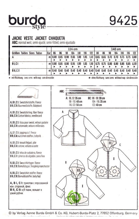 Patron Burda 9425 veste à capuche pour enfant