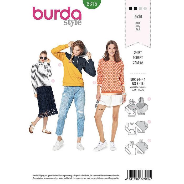 Patron couture facile sweat shirts, collection patrons Burda ados et adultes dames Burda 6315