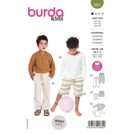 Patron Burda 9261, Ensemble Tee-shirt, pantalon et short enfant, 98-128cm