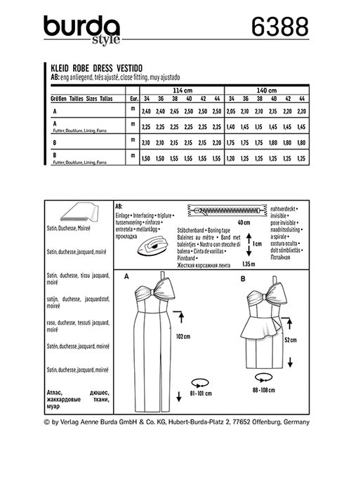 Patron de couture robe de soirée, robe bustier, Burda 6388