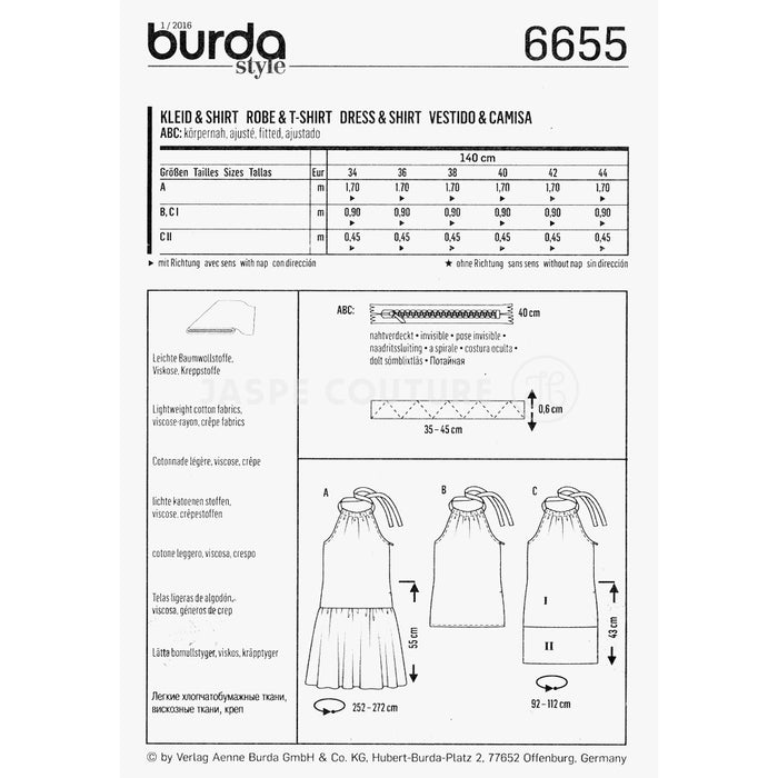 Burda 6655 Couture facile, patron de robe et T-shirt