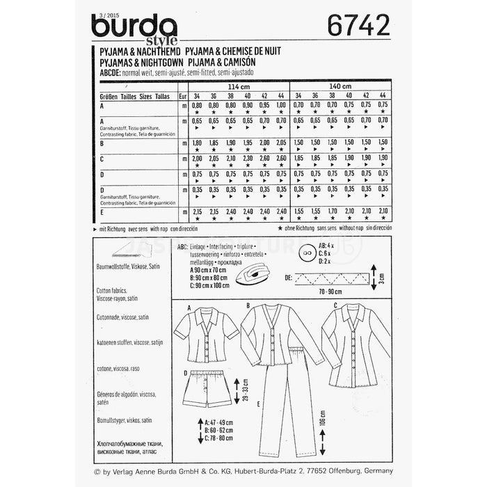 Patrons de couture pyjama Burda 6742