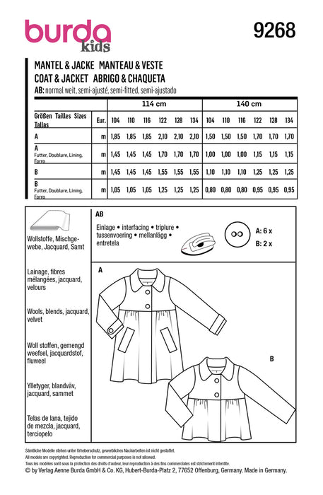 Patron Burda manteau et veste à col pour enfant Burda 9268