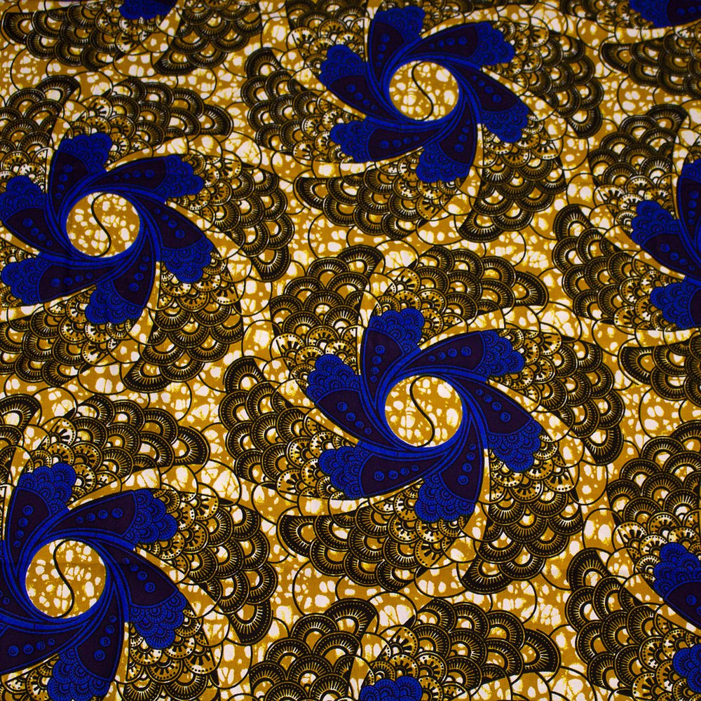 Tissu coton africain, Tissu wax Hollantex col marron bleu