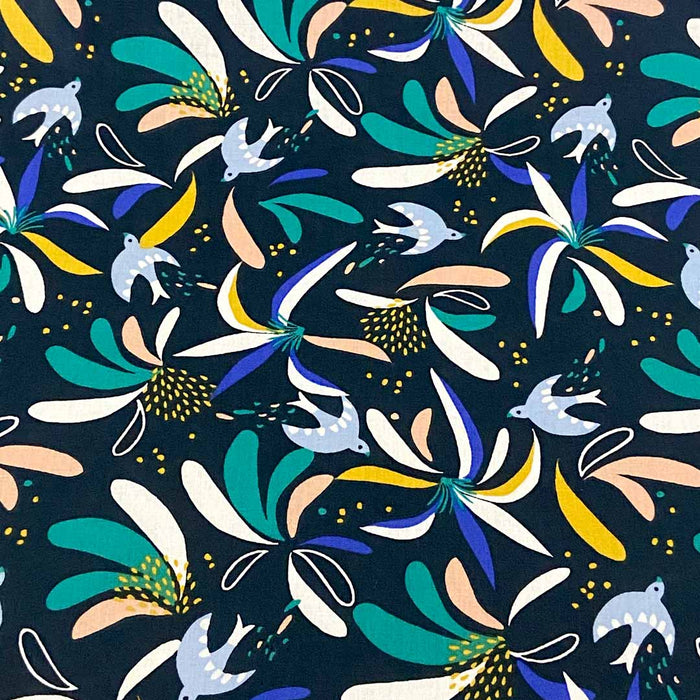 Tissu coton Lisboa nuit/vert motifs floral et oiseaux, tissu Domotex