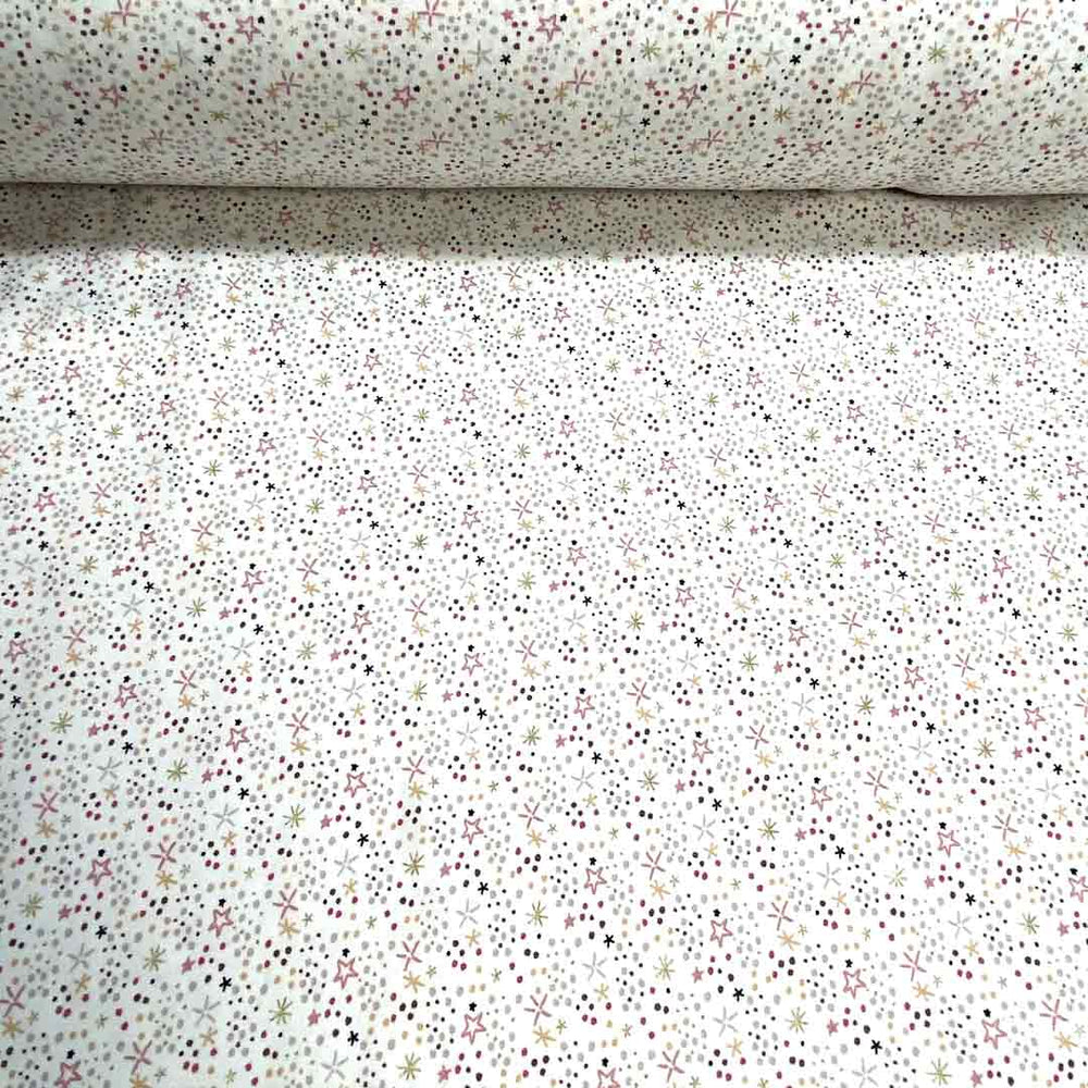 Tissu jersey Simia, motifs petites étoiles et points sur fond blanc rose, souple, tissu Domotex 