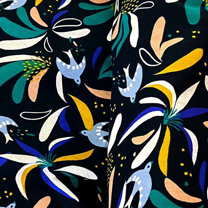 Tissu coton Lisboa nuit/vert motifs floral et oiseaux, tissu Domotex