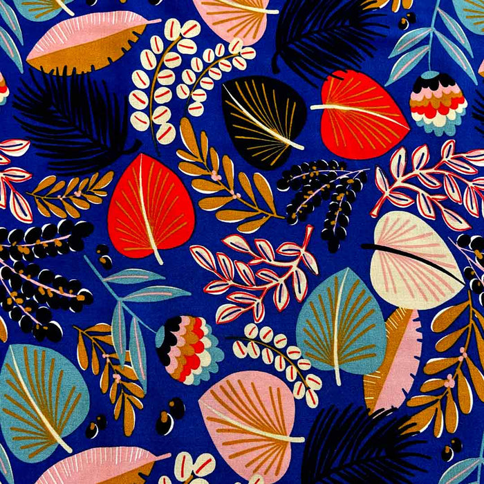 Tissu viscose souple, motifs feuilles, fond bleu, tissu Domotex Kohpical